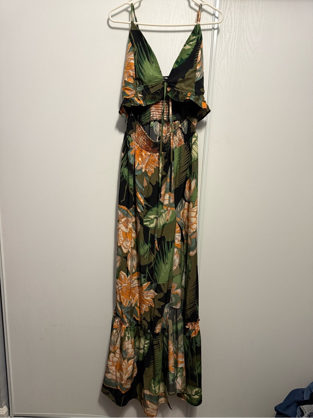 Fashion Nova Tropical Floral Maxi Dress in Green and Orange